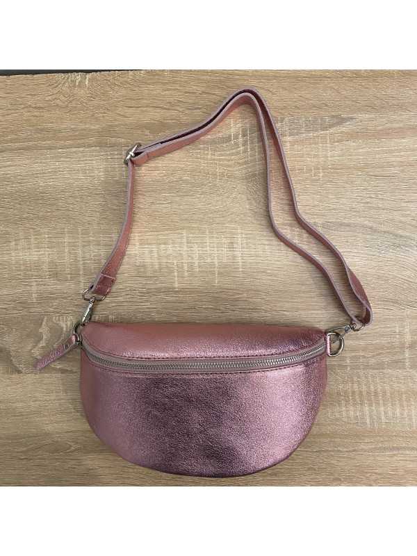 Sac banane en cuir métallisé rose clair - Lola